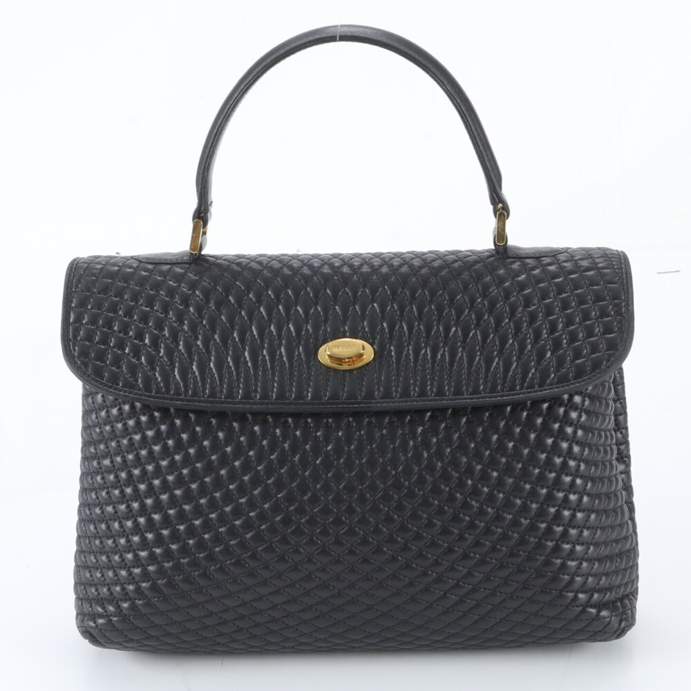 Bally Quilted Leather Turnlock One-Handle Handbag Tote Bag Black Women's